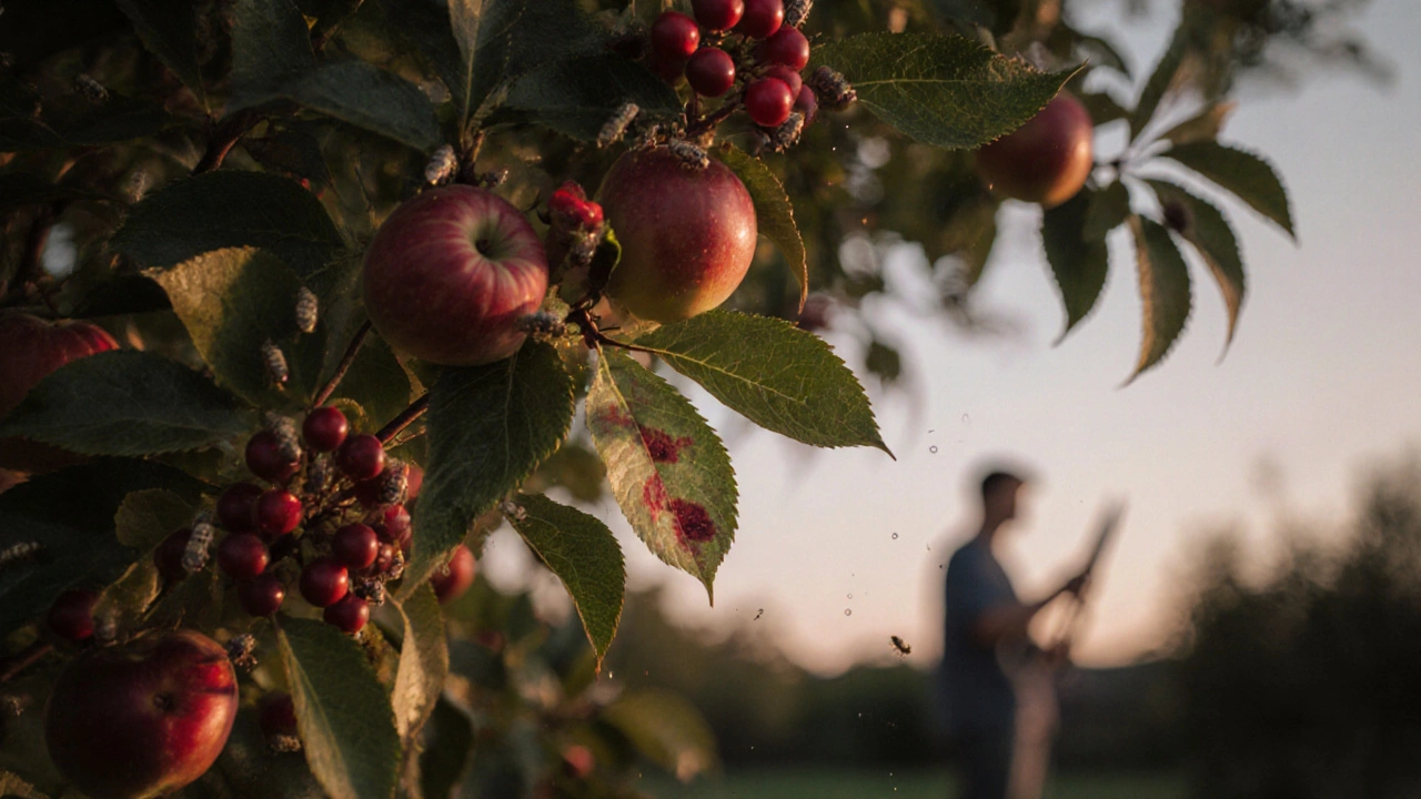 Яблоня под рябиной, листья с кольцевой пятнистостью, тля переносит вирус.