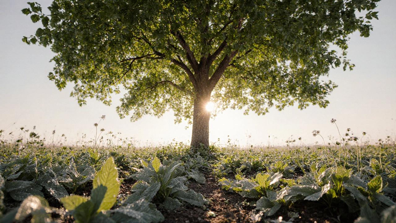 Fruit tree in spring surrounded by dense mint and vetch cover, illuminated by sunrise.