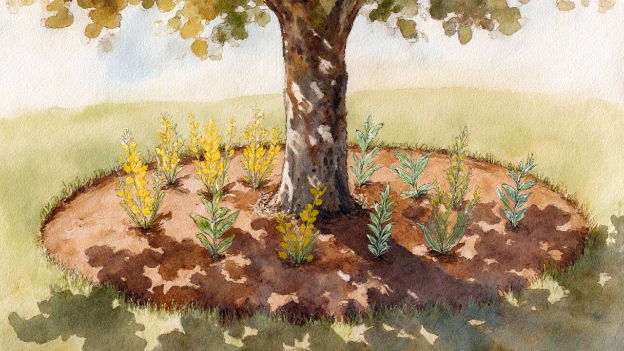 Pear tree circle with mustard, oats and mint seedlings emerging in watercolor style.