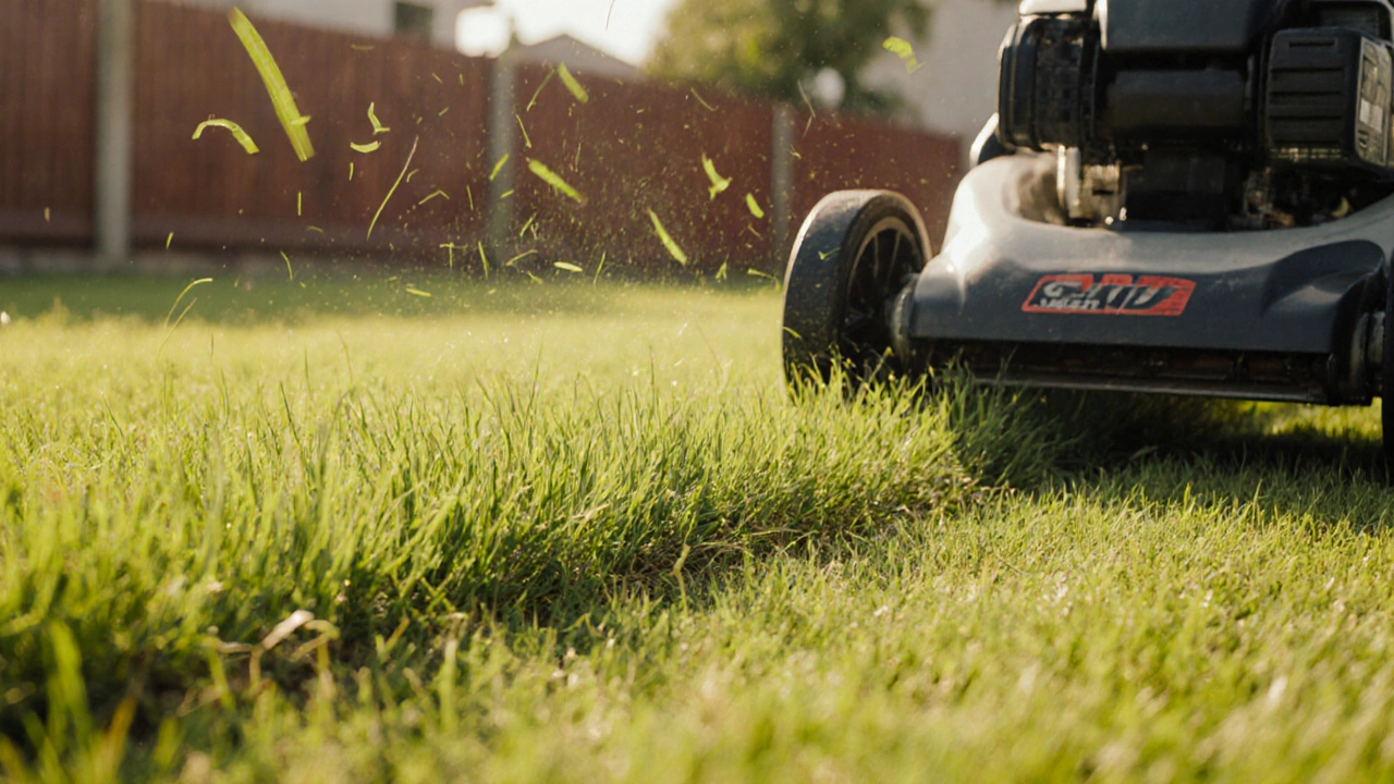 Садовник стрижет газон острым газонокосилкой, трава аккуратно подстрижена до 6 см.