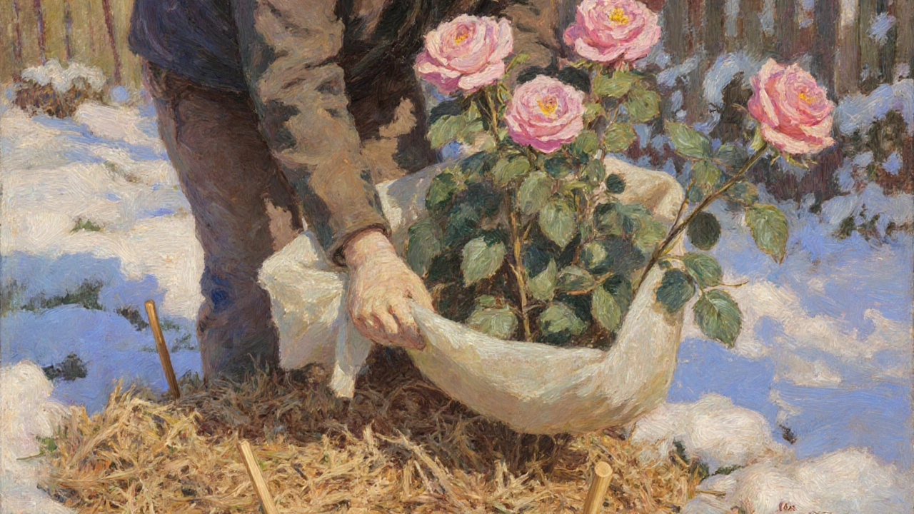 Садовник укрывает розу дышащей тканью, сухой стружкой и соломой.
