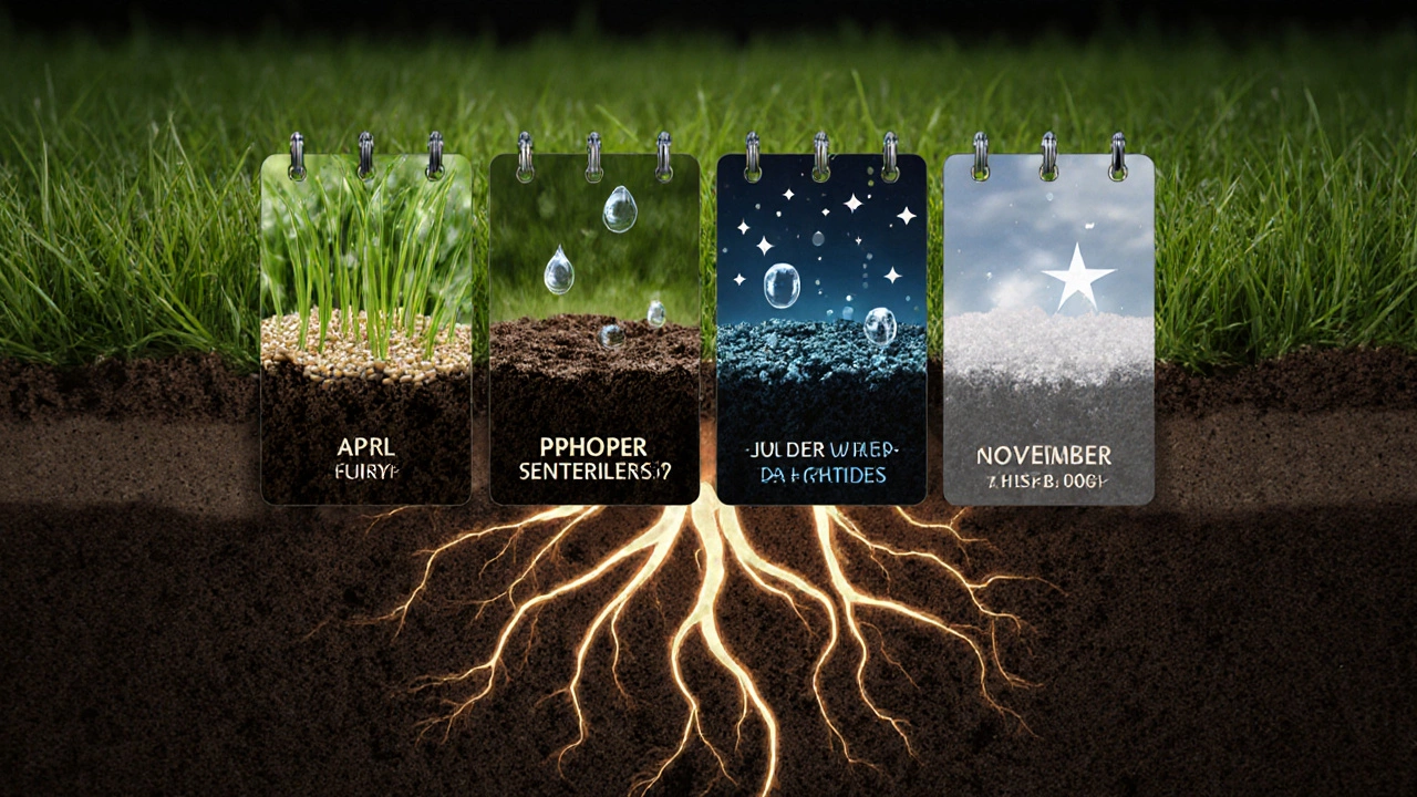 Сезонный календарь газона: весна, лето, осень и зима, изображены корнями под землей.