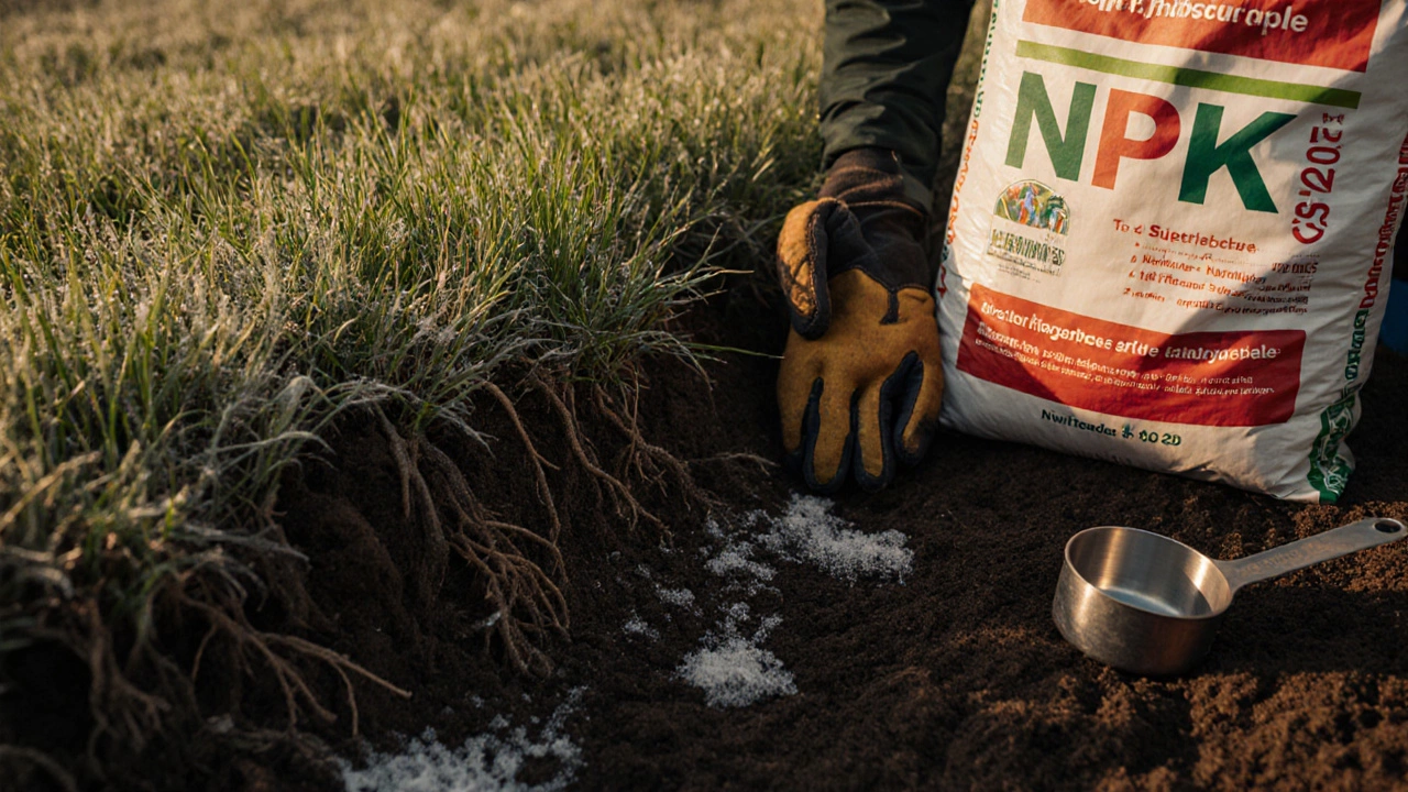 Близкий план почвы с корнями травы, обогащённой суперфосфатом и биогумусом перед зимой.
