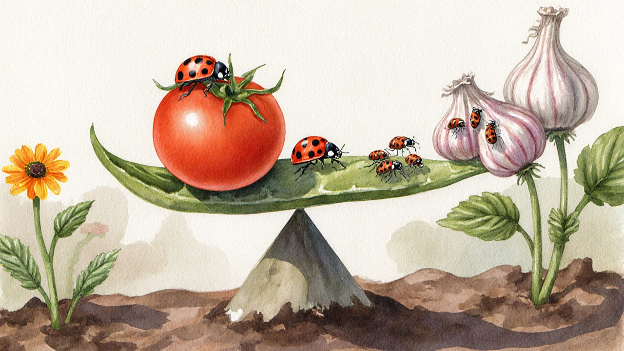 Божья коровка на листе помидора рядом с чесноком и бархатцами, символизирующие естественную защиту от тли.