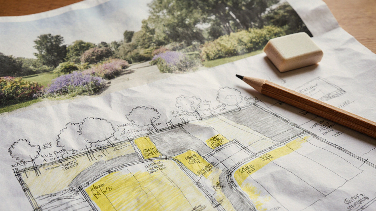 Детальный ручной чертёж садового плана с пометками о солнце и тени, исправлениях и эскизах растений.