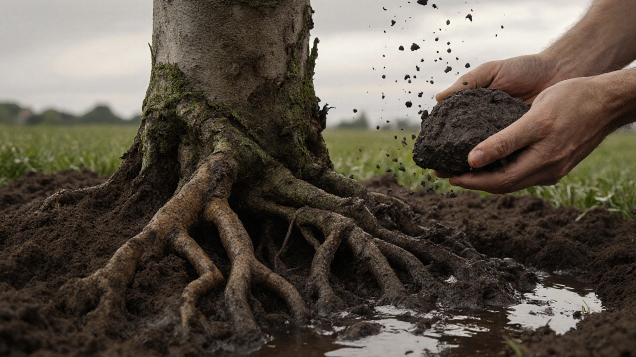 Гниющие корни в тяжелой глине без дренажа, рука держит комок глины, как пластилин.