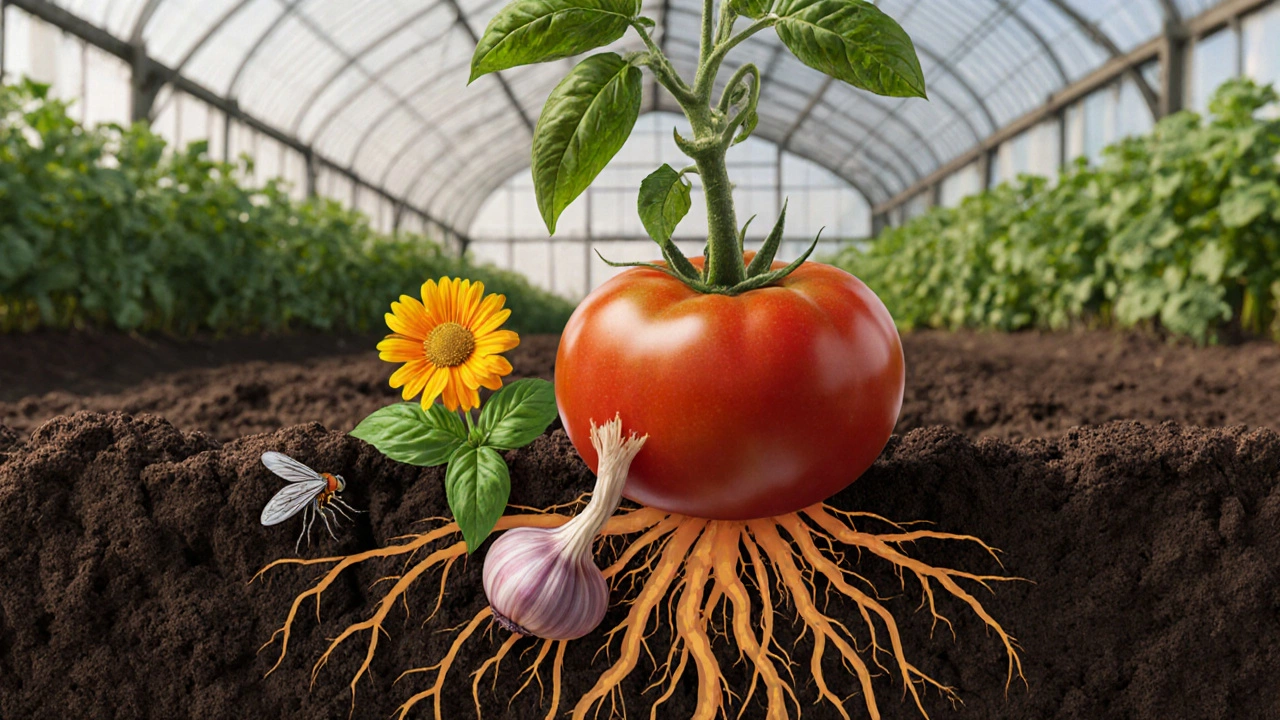 Корни помидоров с защитными растениями, визуализация отпугивания вредителей.