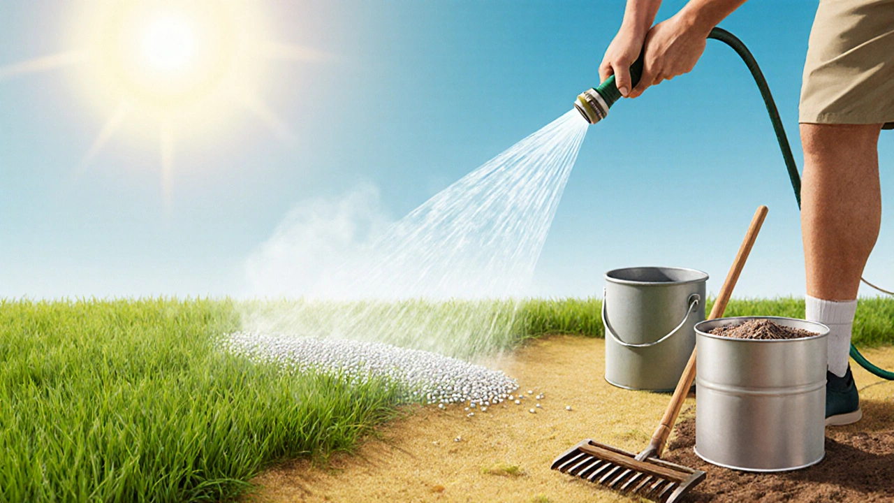 Летний газон под солнцем, человек поливает траву, рядом лежат калийные удобрения и древесная зола.