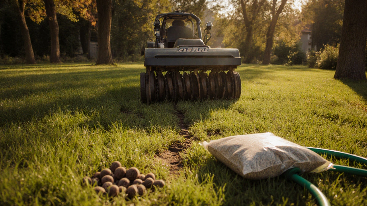 Механический аэратор работает на зелёном газоне осенью, рядом — мешок с семенами и влажная земля.
