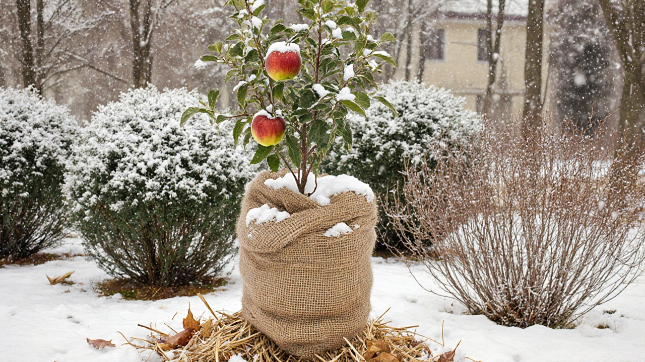 Молодое яблоневое дерево обернуто мешковиной, вокруг — слой соломы и листьев, снег ложится естественно.