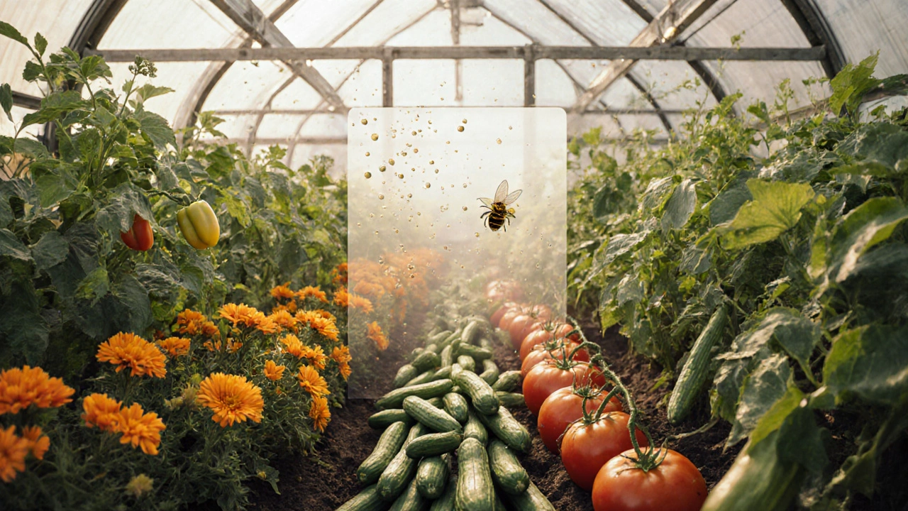 Перец окружён бархатцами и чесноком, бобы у краёв, между помидорами и огурцами — барьер.