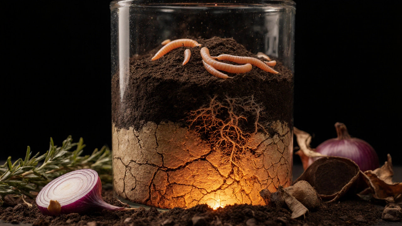 Разрез почвы с червями и грибами в живой земле, против мёртвой химической земли.