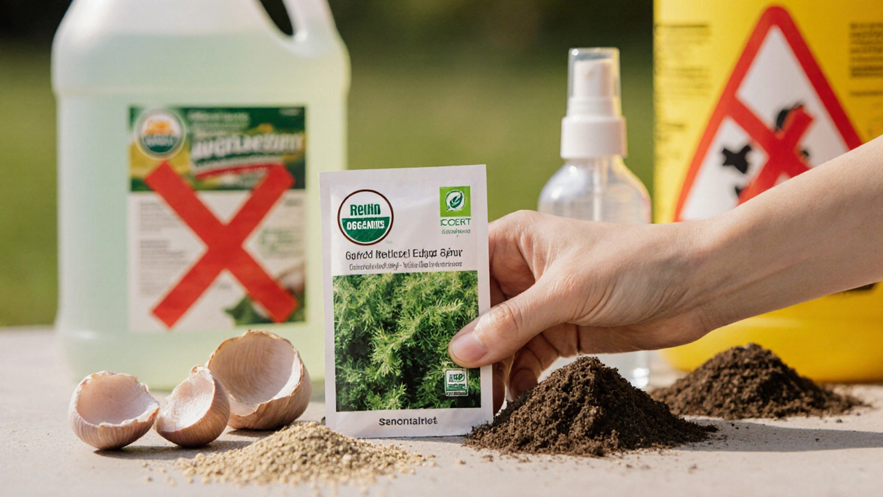 Рука держит сертифицированные органические семена рядом с натуральными средствами для сада.