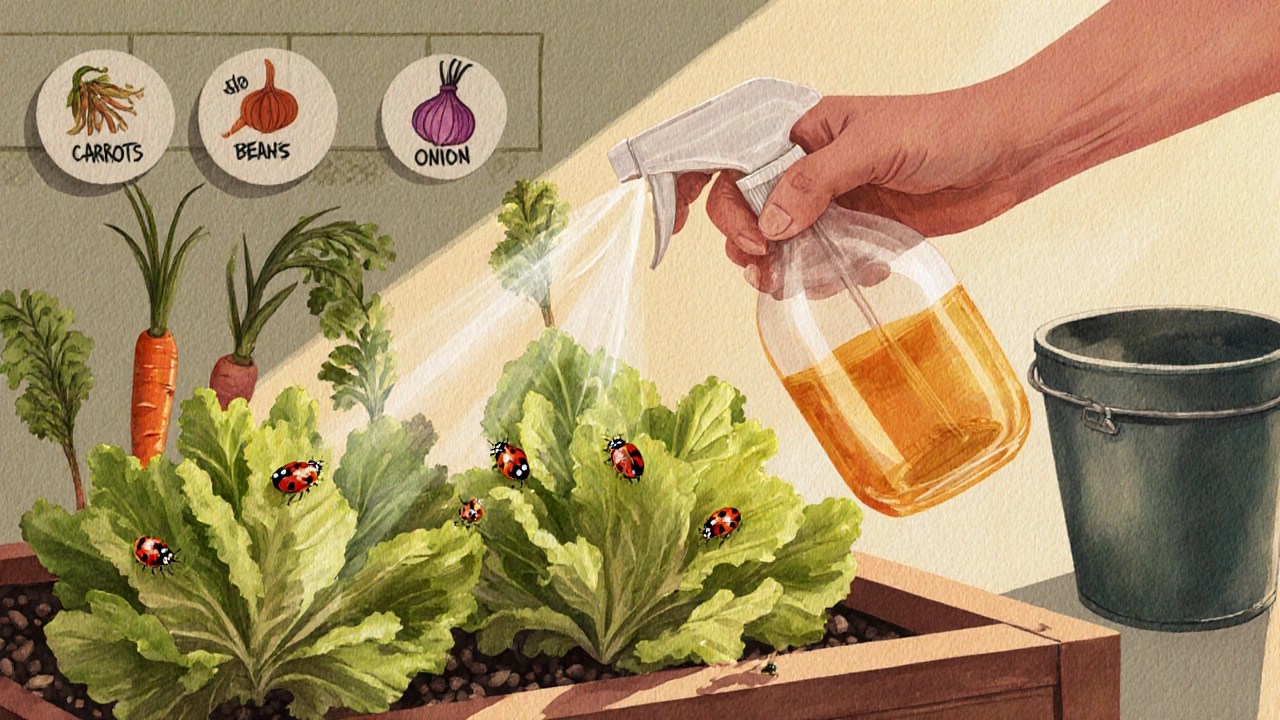 Рукой распыляют чесночный настой на листьях с божьими коровками, без пестицидов.