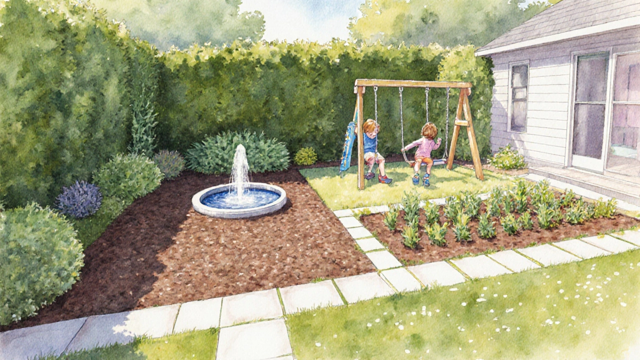 Сад, разделённый на зоны: уединённый уголок, детская площадка и огород, все связаны удобными дорожками.