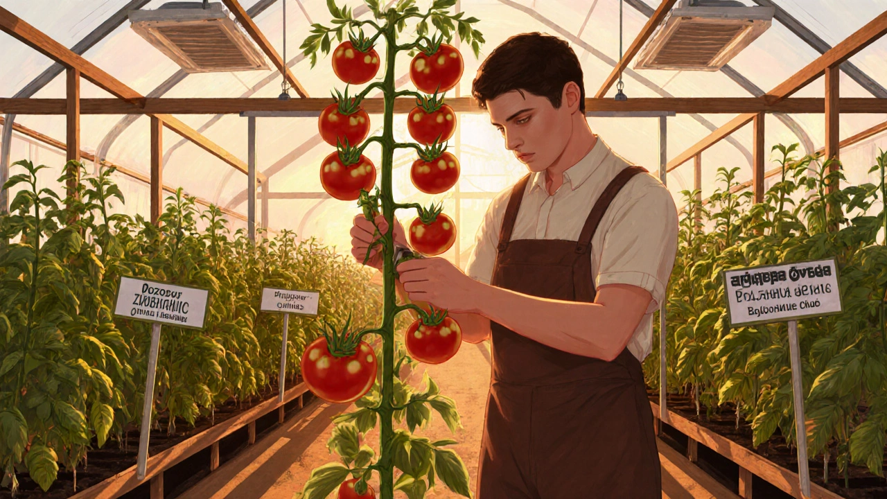 Садовник обрезает пасынки у высокорослого сорта помидоров в хорошо проветриваемой теплице.