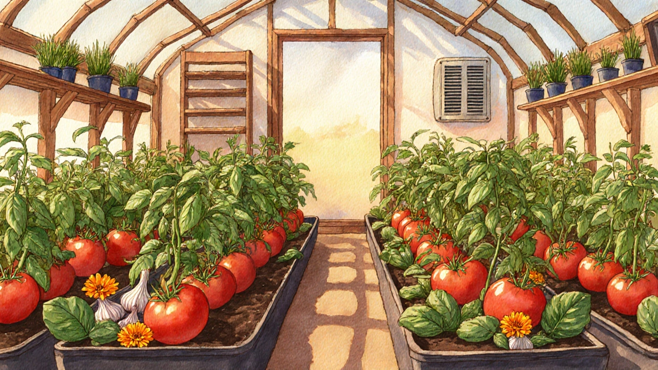 Схема посадки помидоров с соседними растениями в теплице под утренним светом.