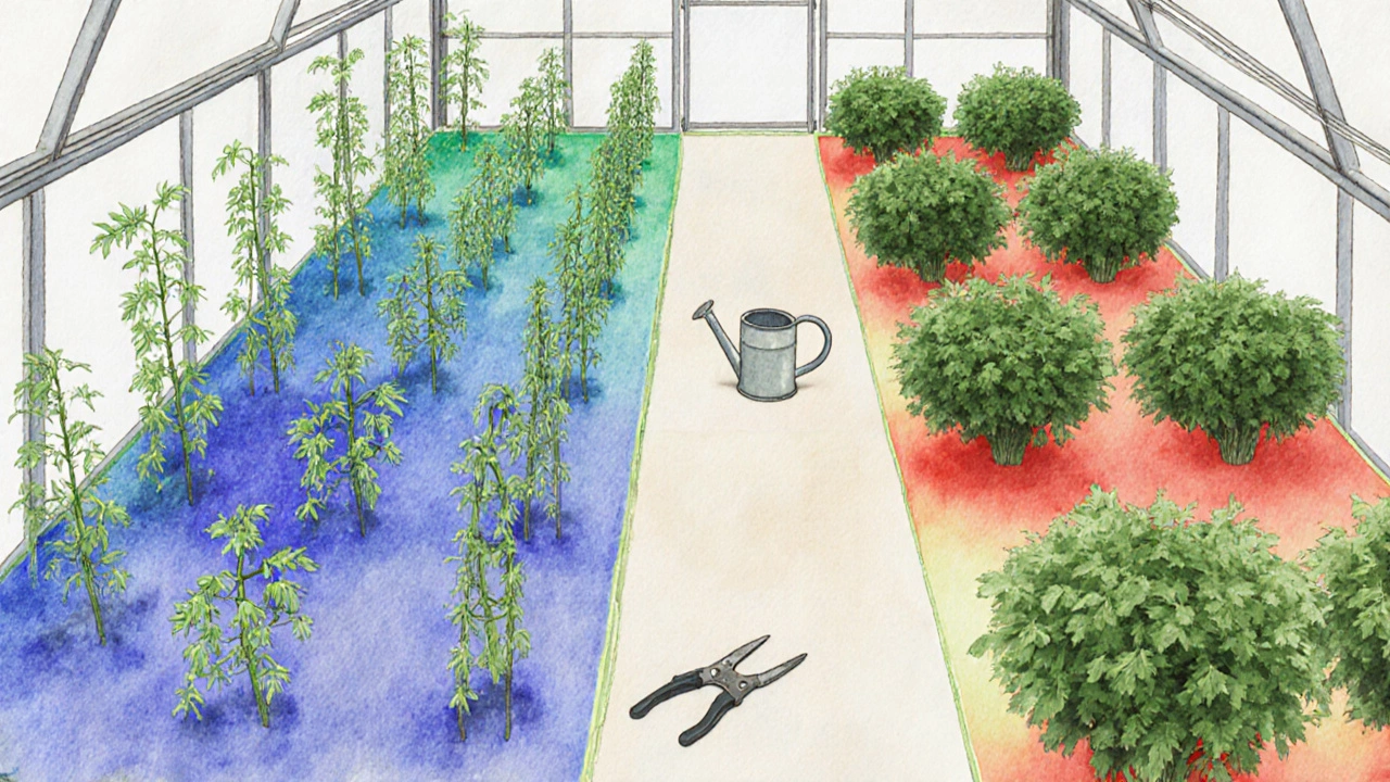 Схематичный вид теплицы с двумя зонами посадки: высокорослые и низкорослые сорта помидоров.