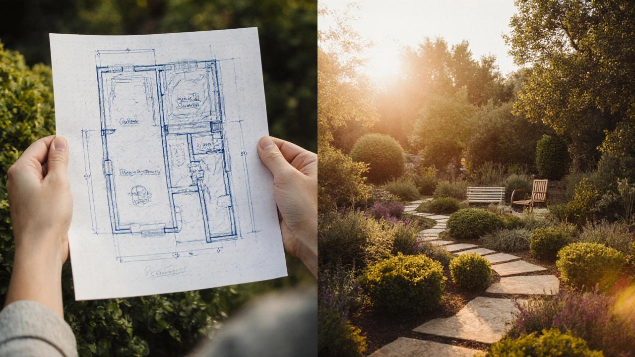 Сравнение бумажной схемы с реальным садом в золотистом свете заката.