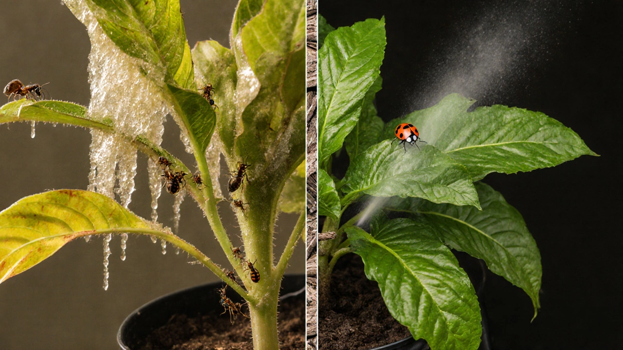 Сравнение поражённого и восстановленного растения: слева — тля и липкий налёт, справа — чистые листья и туман распыления.