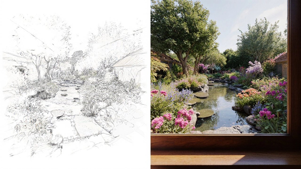Сравнение ручного эскиза сада и его реалистичной 3D-визуализации на одном изображении.