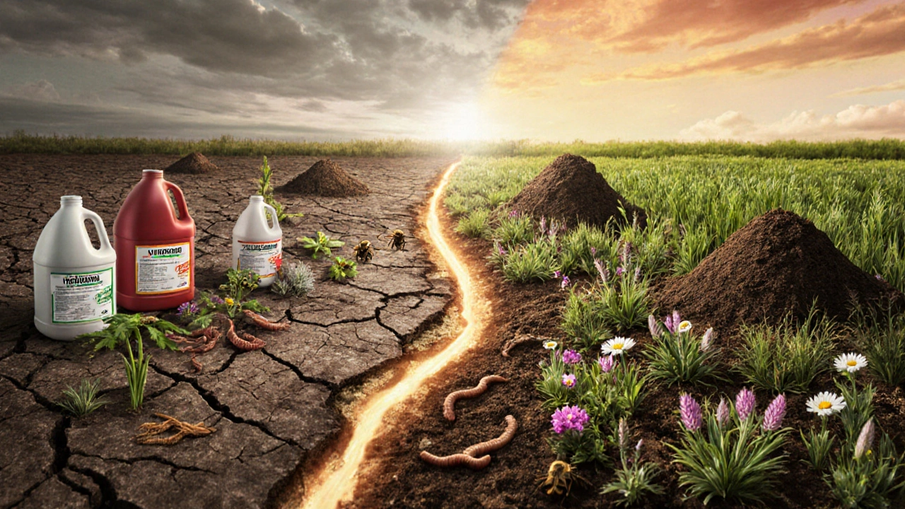 Сравнение: слева — мёртвая почва с химикатами, справа — живая земля с червями и цветами.
