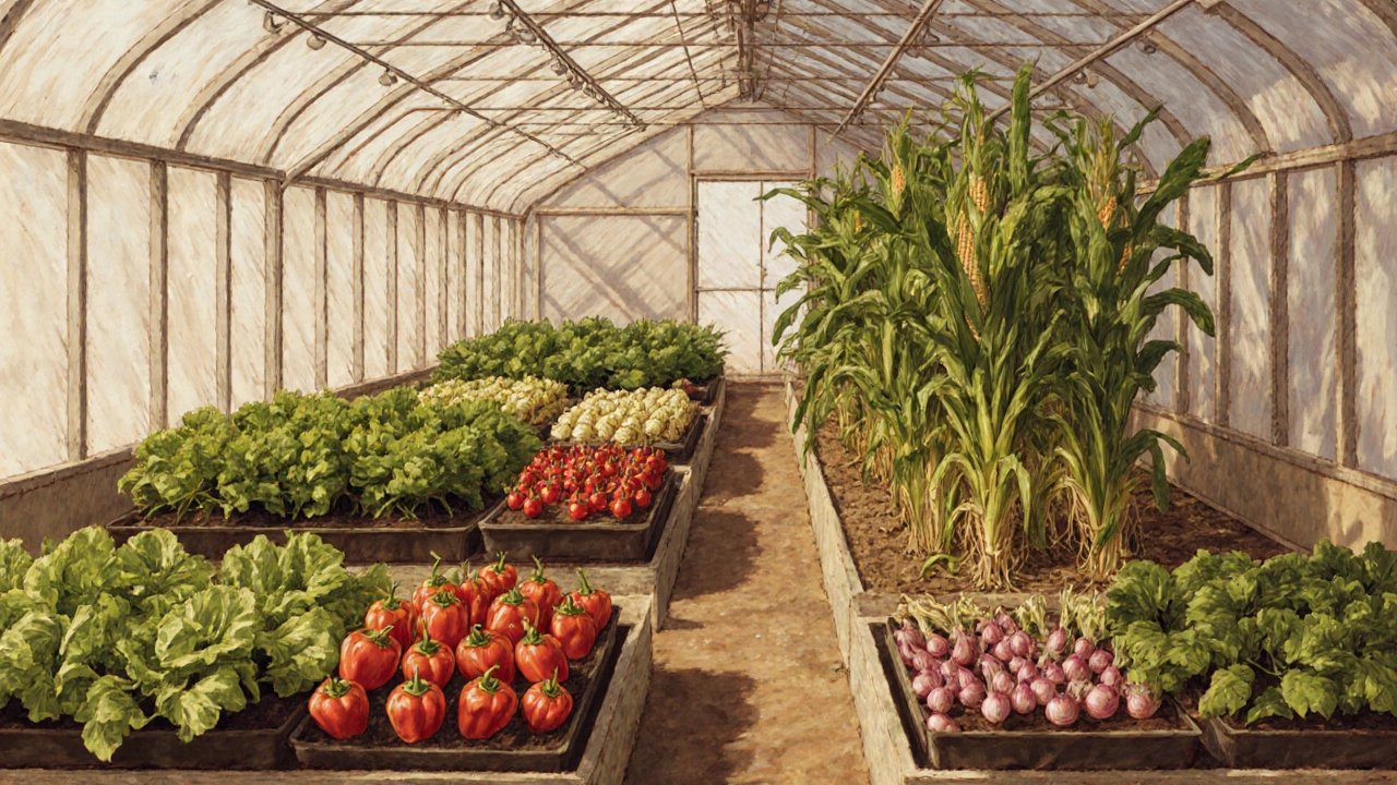 В теплице по зонам: салат и редис спереди, перец и лук посередине, кукуруза с огурцами сзади.