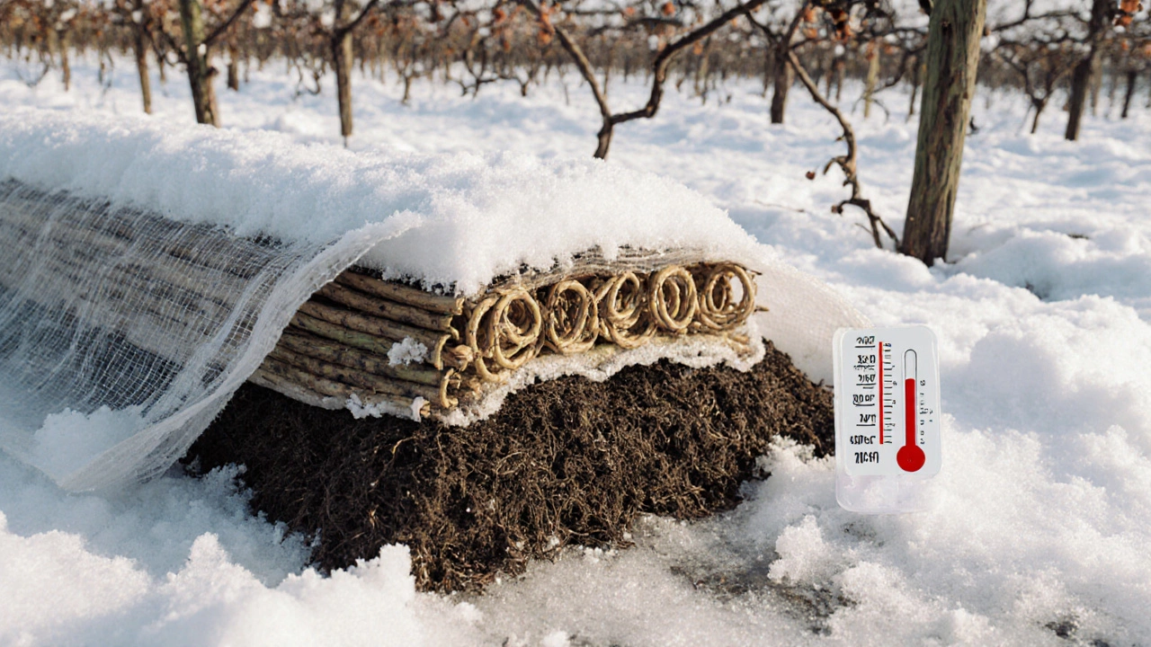 Виноградные лозы укрыты торфом, агроволокном и снегом, на фоне замерзшей земли с термометром -7°C.