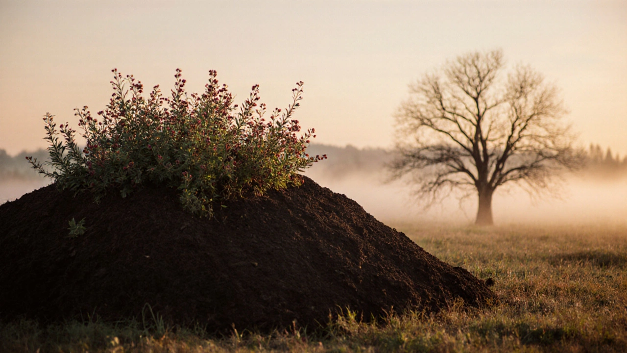 Возвышение из плодородной земли с кустарниками, на фоне умирающего дерева в низине.