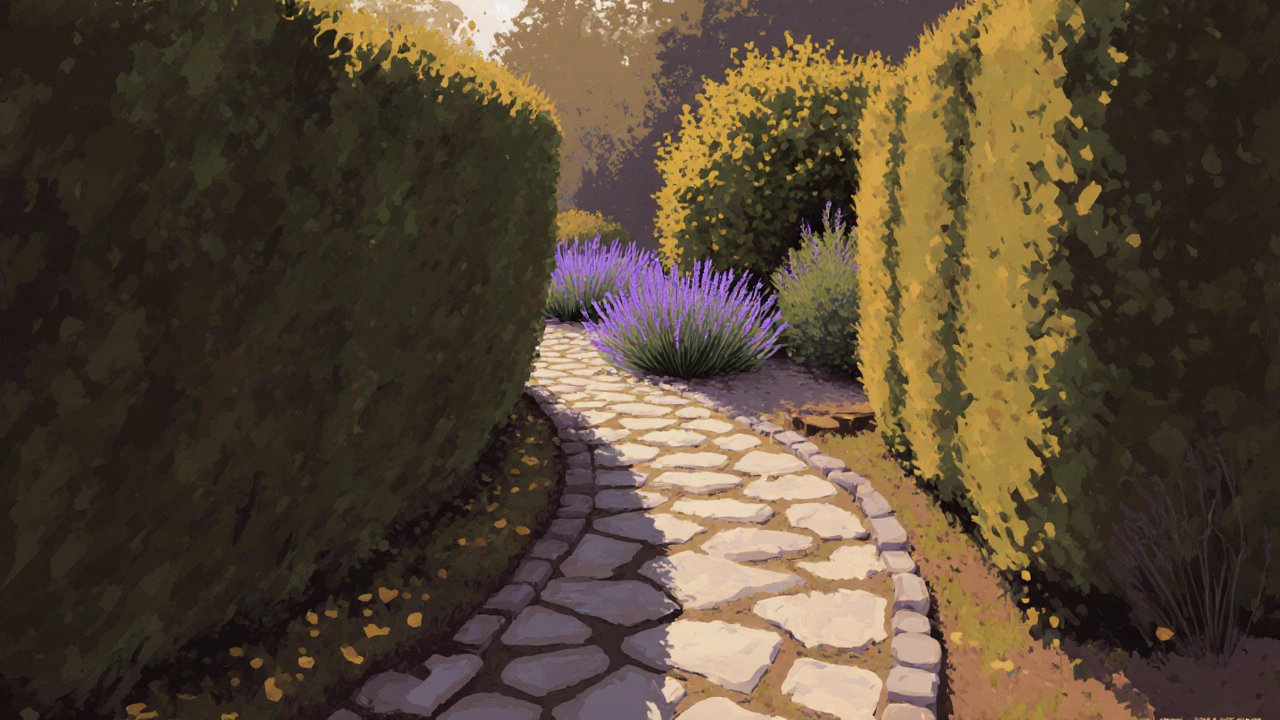 Завитая каменная дорожка между кустами сирени и барбариса, ведущая к клумбе с лавандой в осеннем саду.