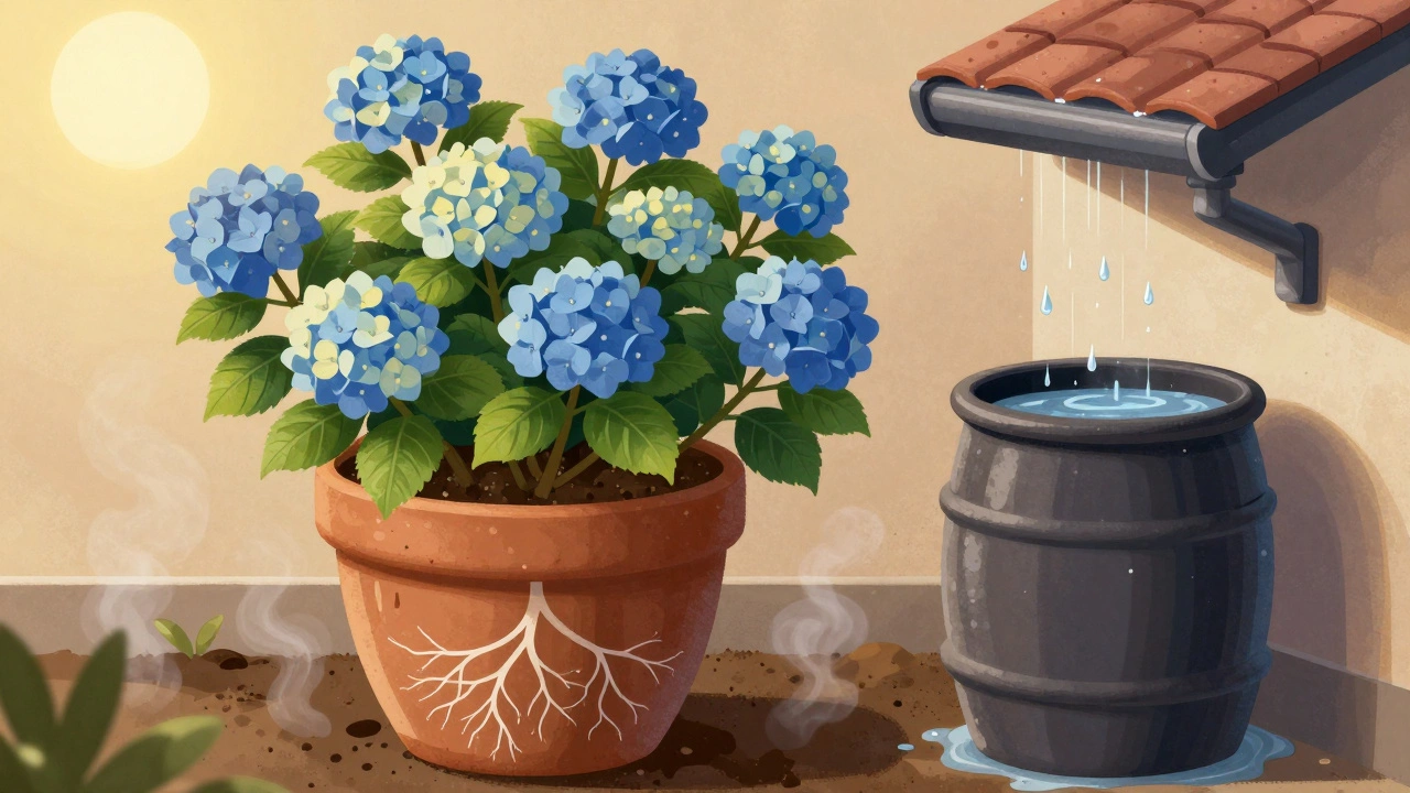 Гидрангея в горшке с дождевой бочкой и видом корней.