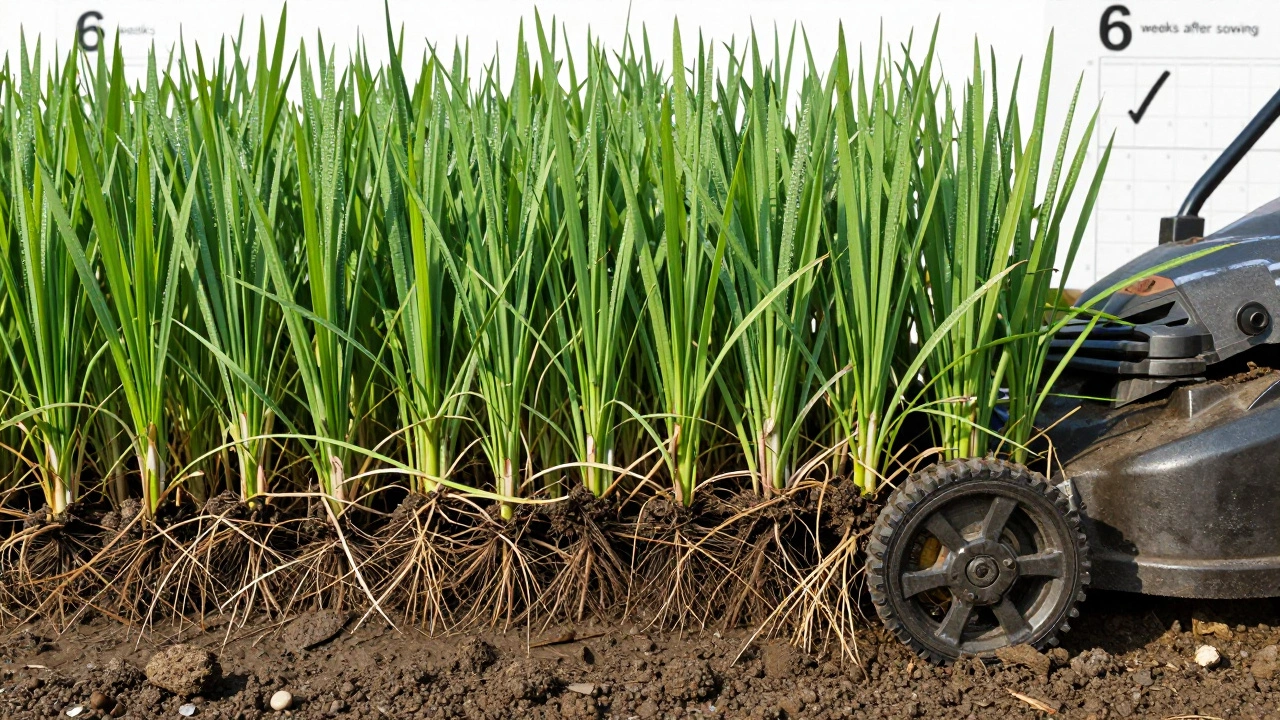 Косилка стрижет газон, не выдёргивая корни — плотная дернина видна сбоку.