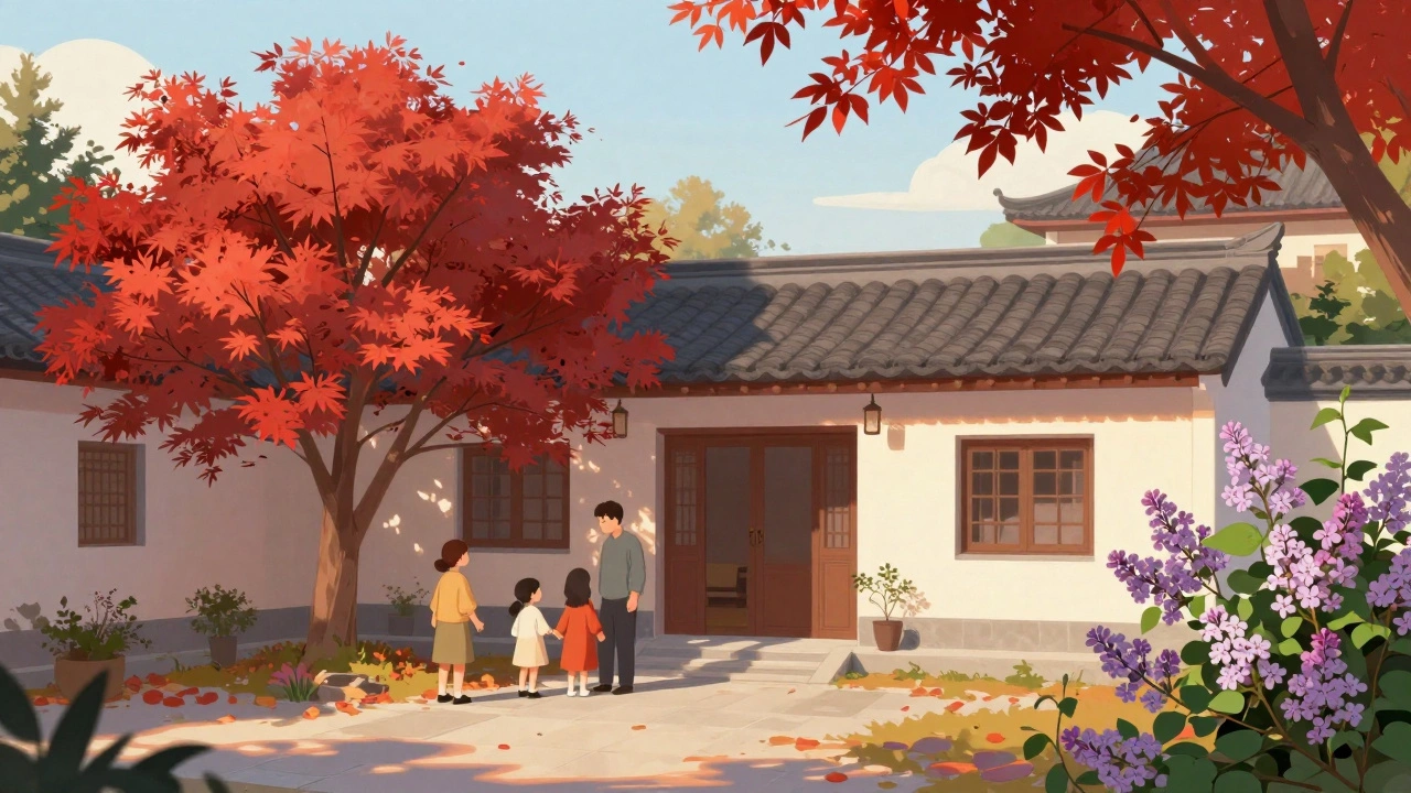 Красный клён на южной стороне дома осенью, его яркие листья светятся на закате, рядом — липа.