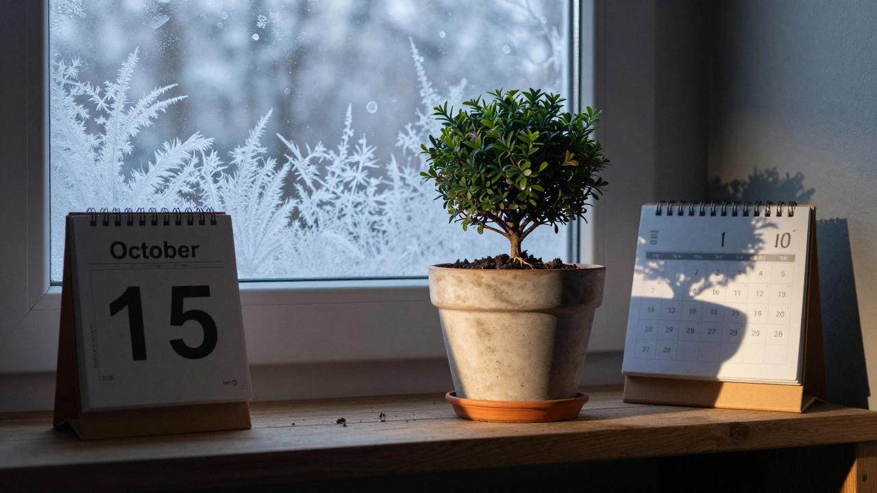 Кустарник в горшке на полке в прохладном подвале, свет падает с окна, на заднем плане — узоры инея.