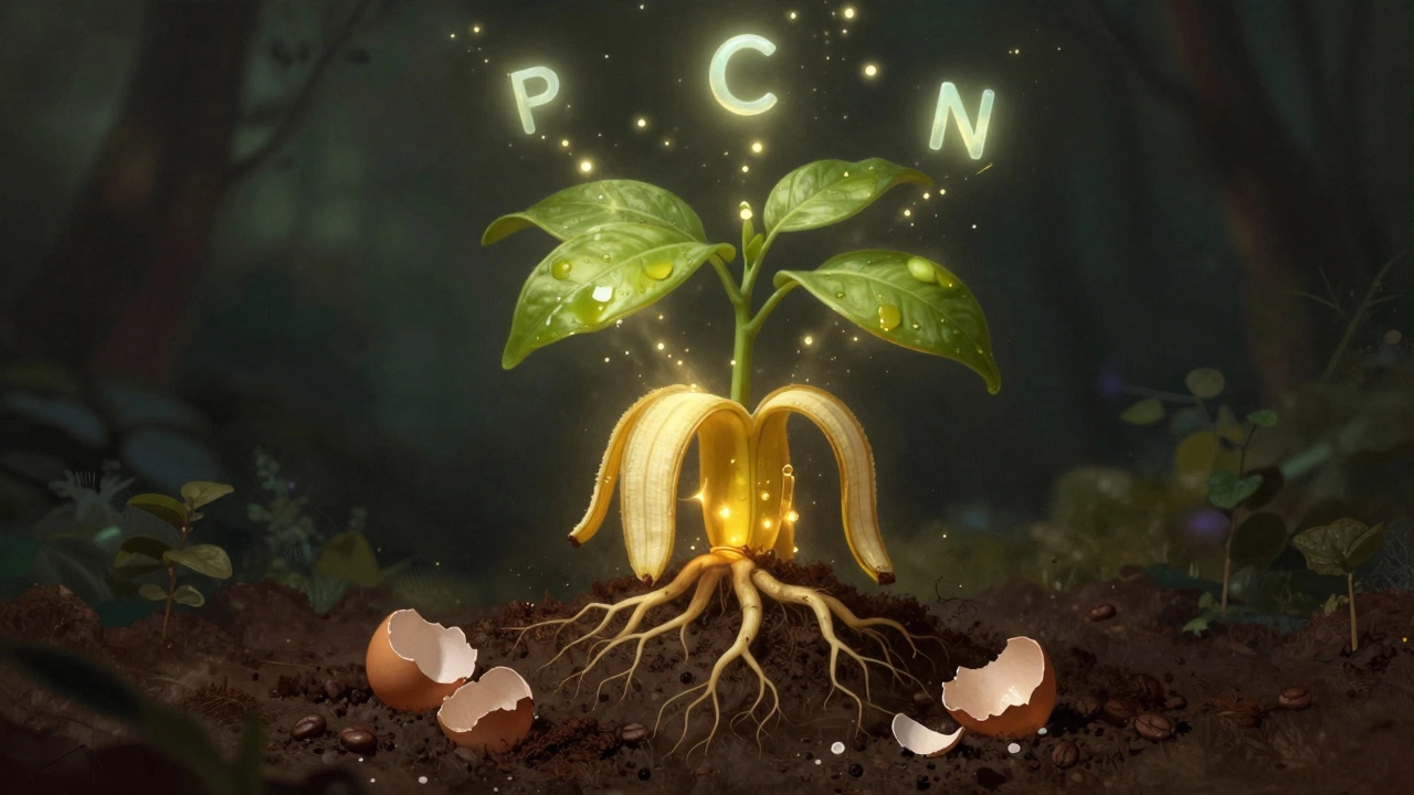 Магические питательные частицы текут от органических отходов к корням цветка, создавая светящийся эффект в земле.