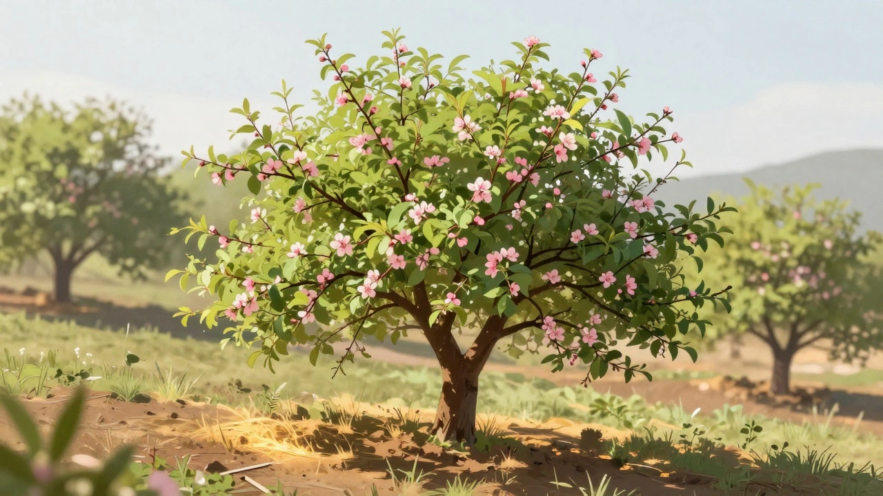 Одиночное абрикосовое дерево на солнечном холме, цветущее и здоровое, с мульчей у корня.