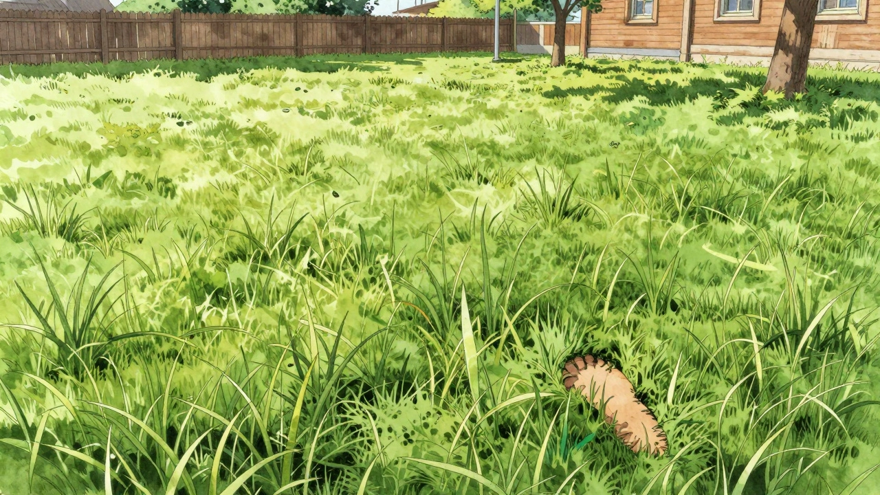 Равномерный зелёный газон, отскакивающий после шага, без проплешин.