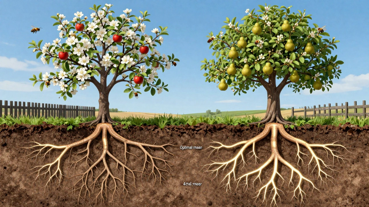 Разрез корней яблони и груши, не пересекающихся, с пчелами на цветах.