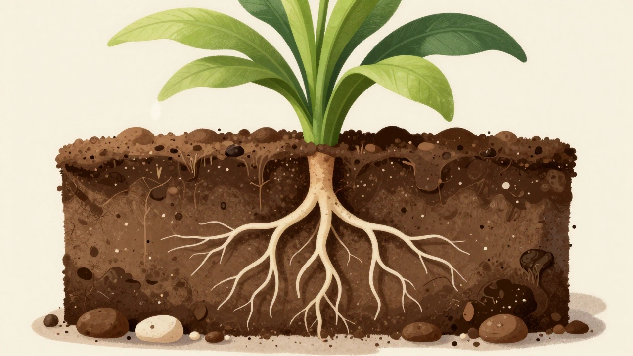 Разрез корней в рыхлой почве с дренажом, в сравнении с плотной, переливаемой землёй.