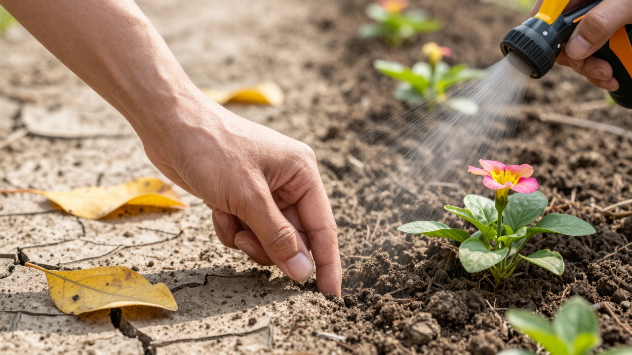 Рука проверяет влажность почвы: сухая слева, влажная справа.