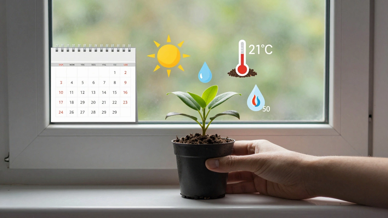 Рука ставит растение на подоконник, где окно заменено сезонами года.