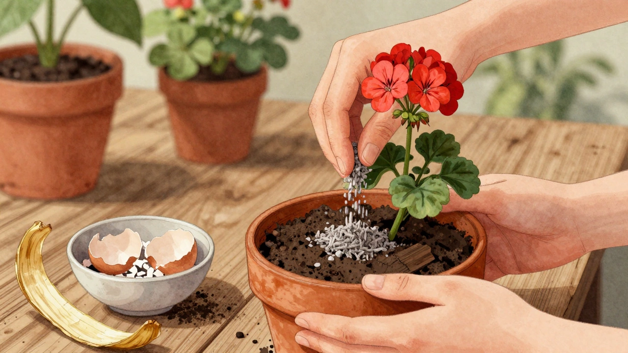 Руки посыпают золу на почву возле герани, рядом лежат измельченные яичные скорлупки и высушенная банановая кожура.