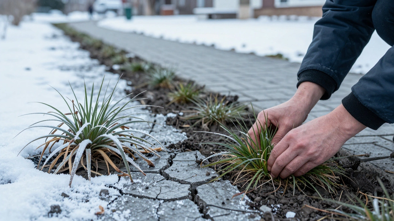 Руки сажают морозостойкую траву на замерзшей земле, рядом погибшее тропическое растение.