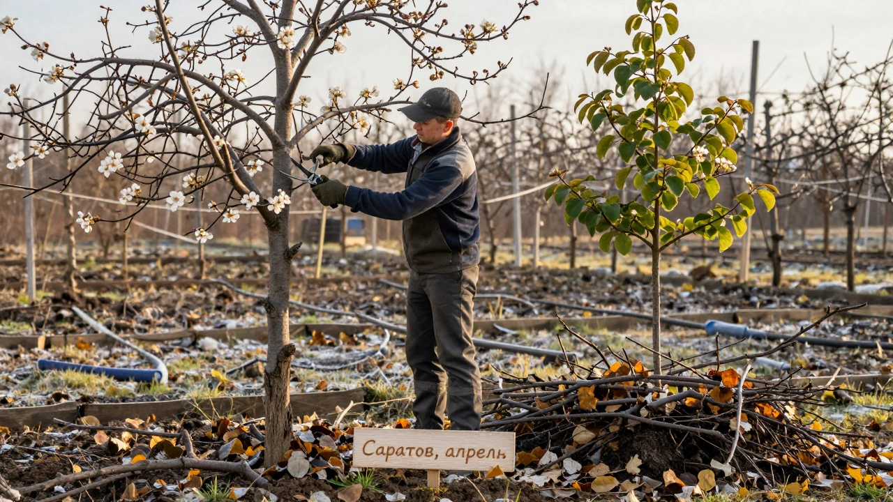 Садовник обрезает грушу весной, рядом — яблоня, на земле лежат срезанные ветки.
