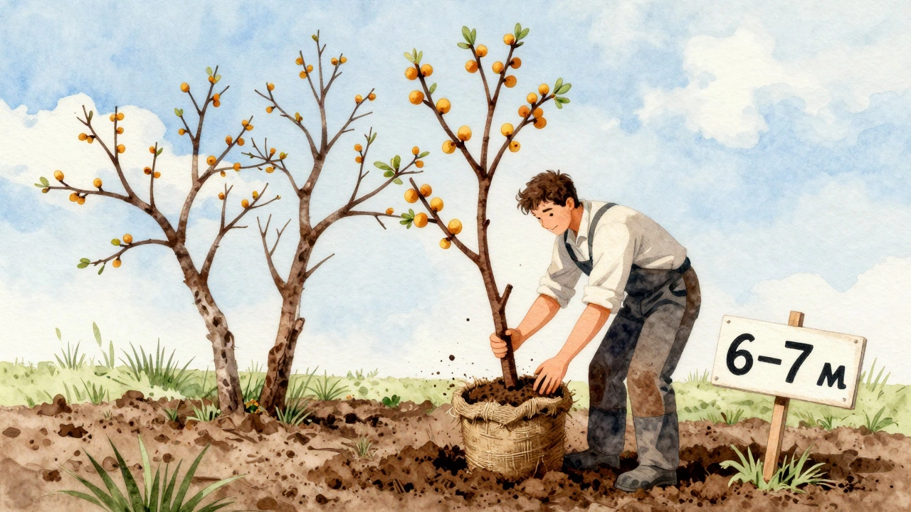 Садовник пересаживает абрикос с большим комом земли, на заднем плане — два больных дерева.