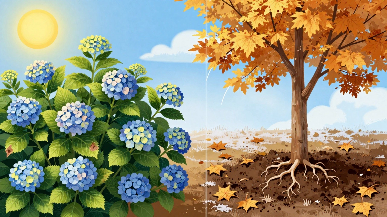 Сравнение: гортензия в июле с вялыми листьями и та же гортензия в октябре с корнями в земле под листьями.