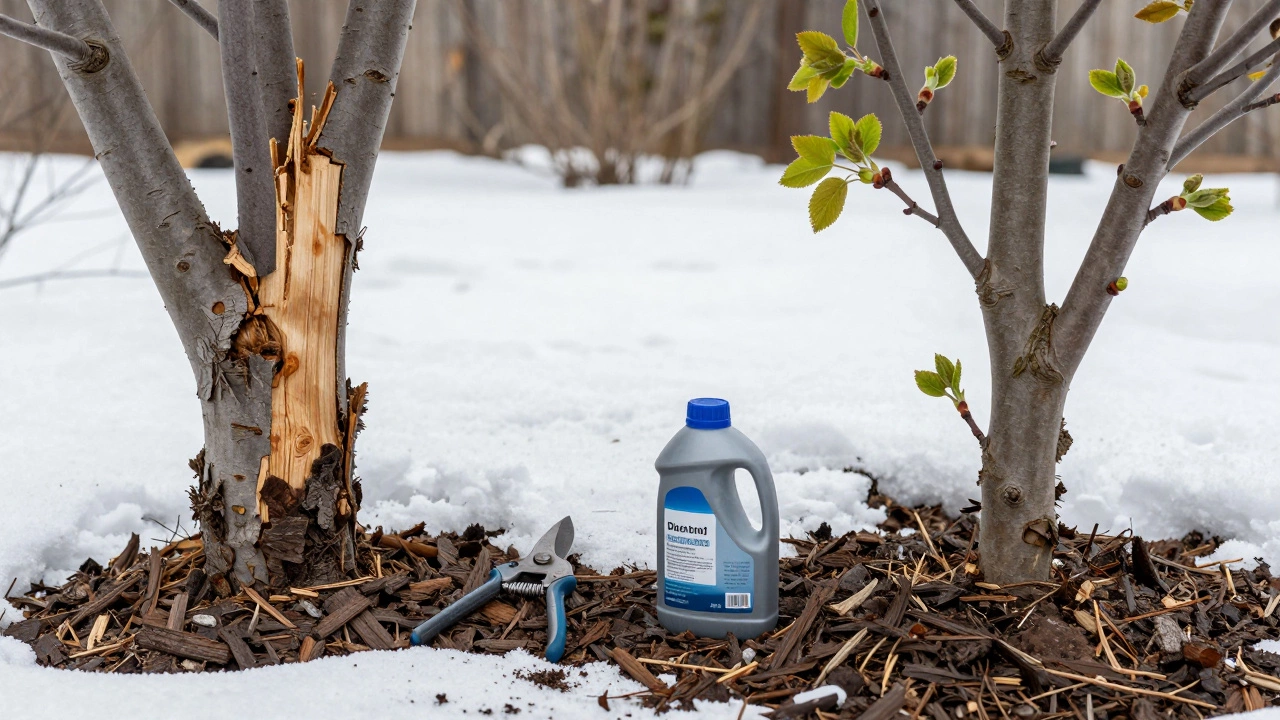 Сравнение мёртвой коры яблони и новых листьев на том же дереве, рядом — мульча и удобрение.