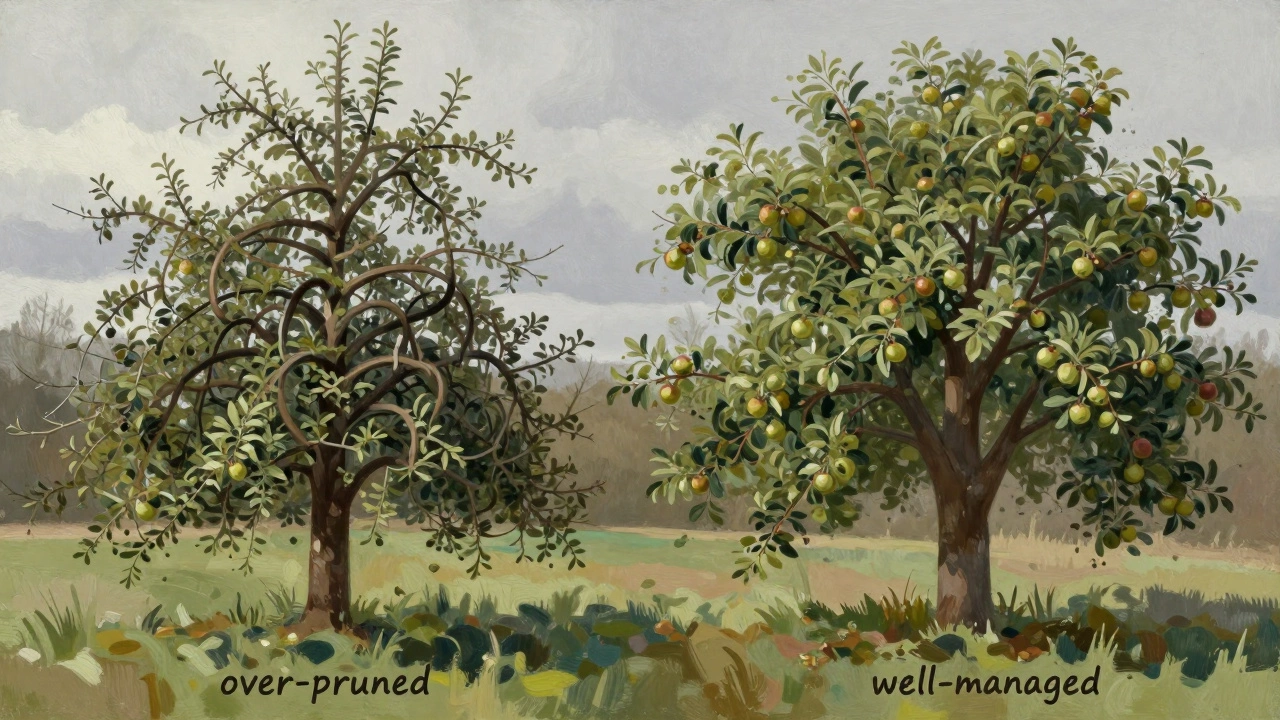 Сравнение здорового дерева с густой, переплетённой кроной и перепрошенной яблони.