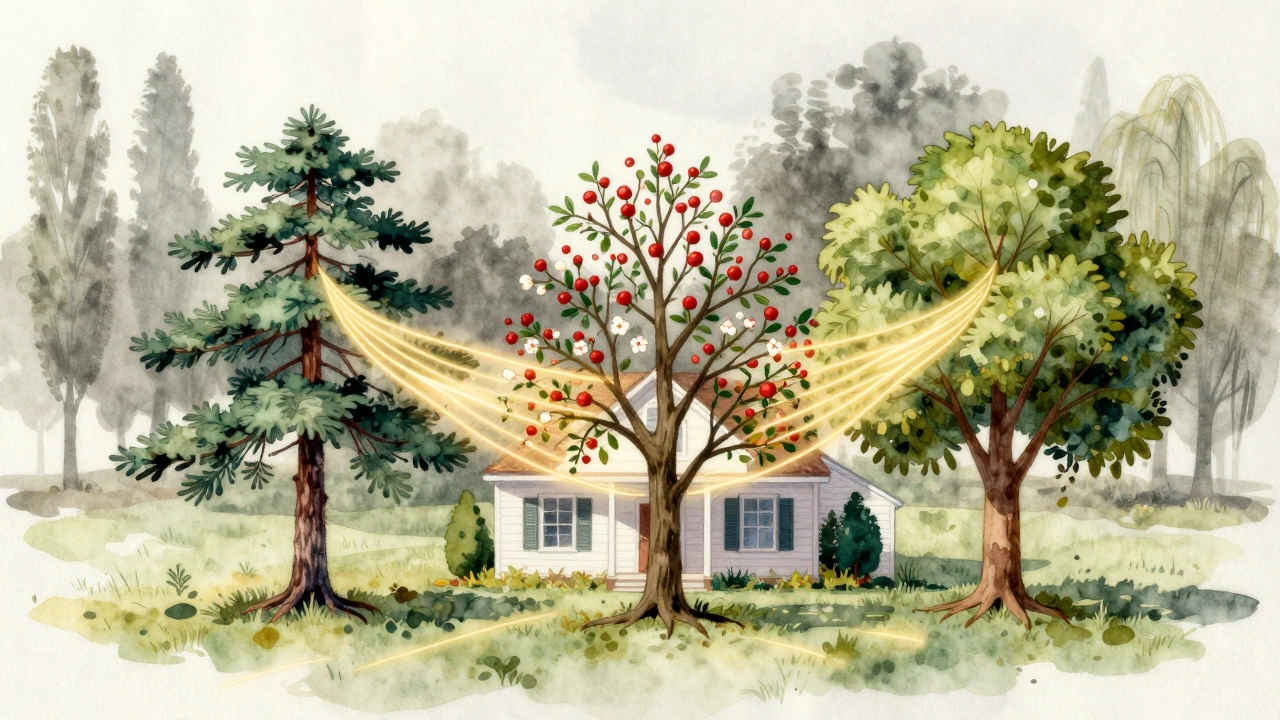 Три дерева — сосна, яблоня и липа — мягко направляют энергию к дому, тополь и ива исчезают в тени.