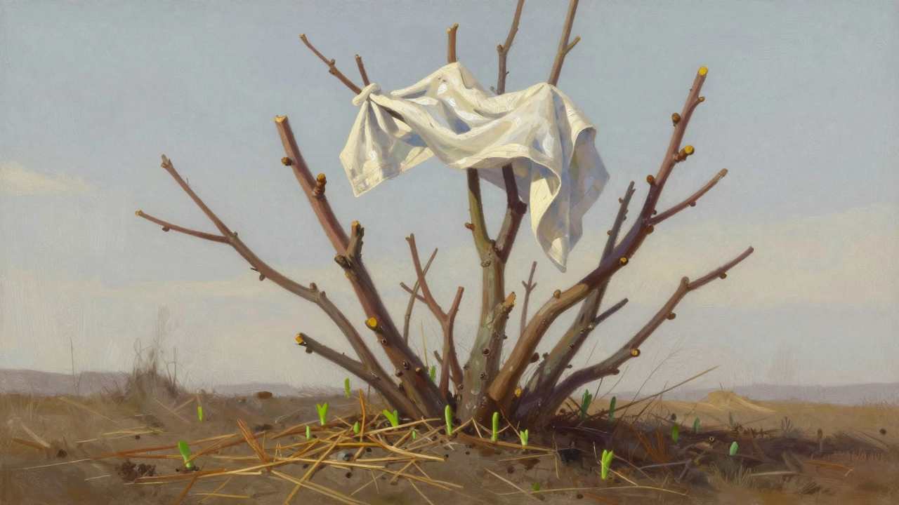 У розы из-под земли появляются зелёные побеги, а сверху — лёгкая ткань для защиты от солнца.